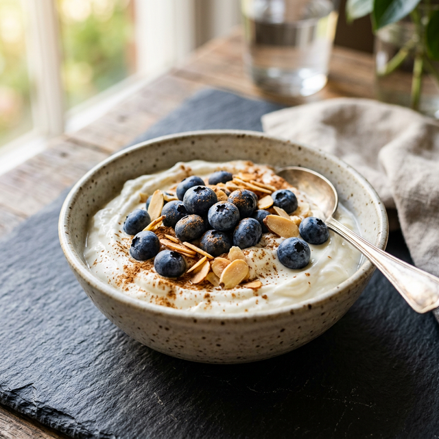 Low-glycemic breakfast with greek yogurt, berries and nuts