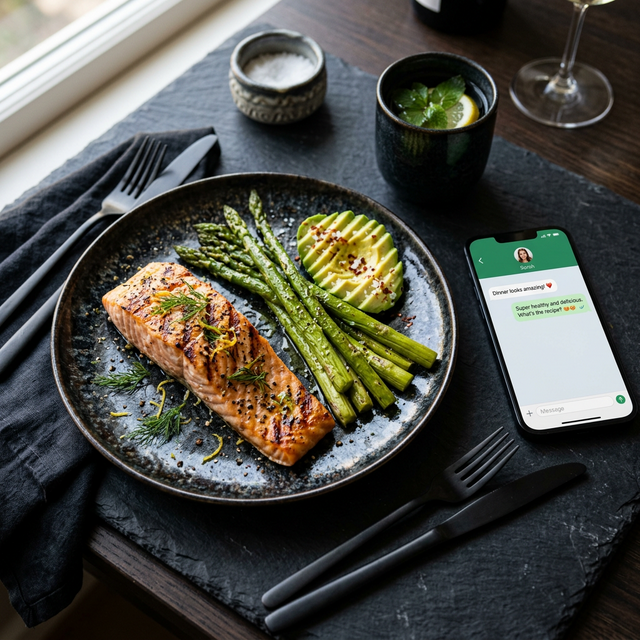 Glycemic-optimized dinner plate alongside Fortivore WhatsApp daily menu preview